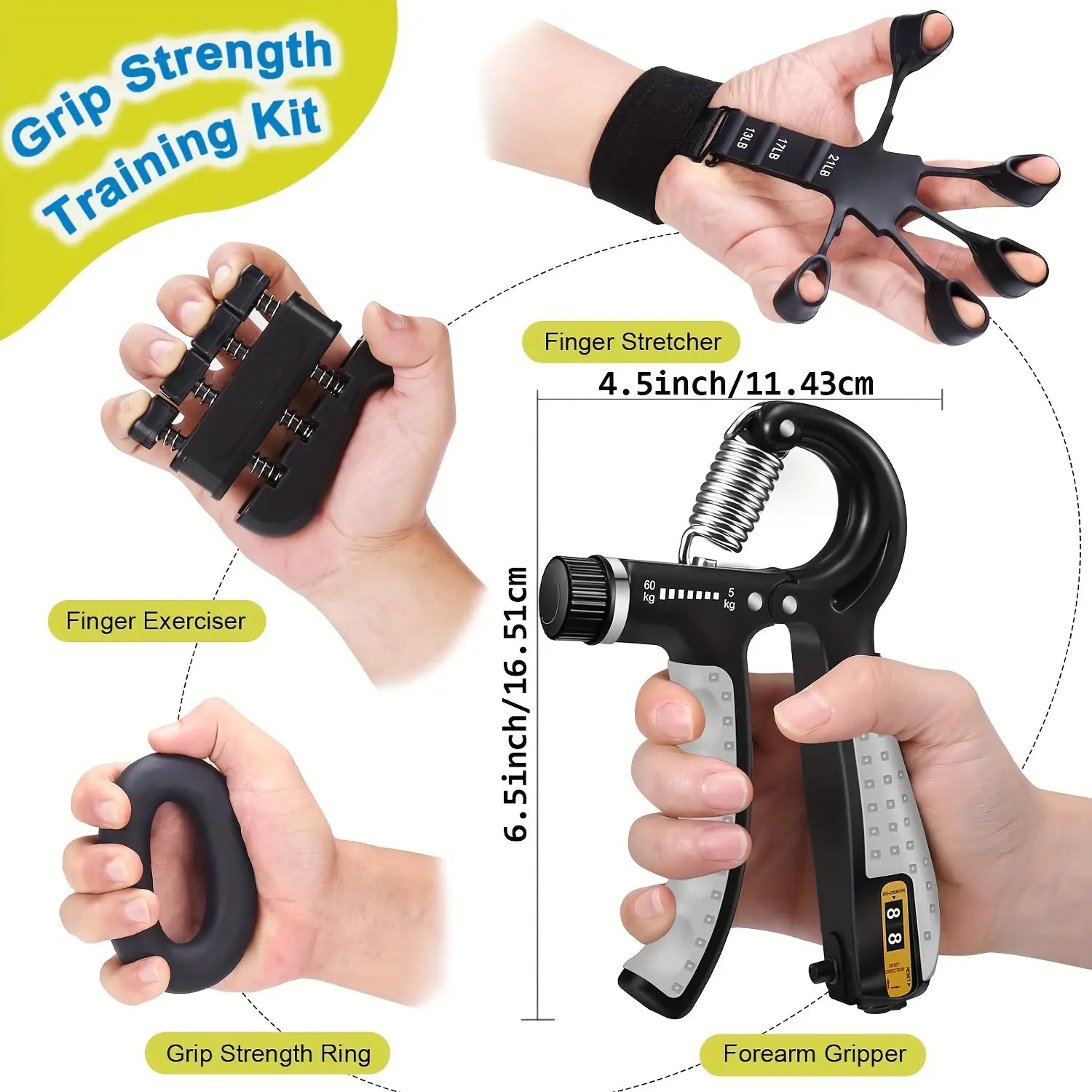 Pro Grip Trainer 4-Pack - Adjustable Resistance (10-130 Lbs) Strength Training Exercise Equipment, Forearm Muscle Builder for Office/Gym Use & Carpal Tunnel Relief